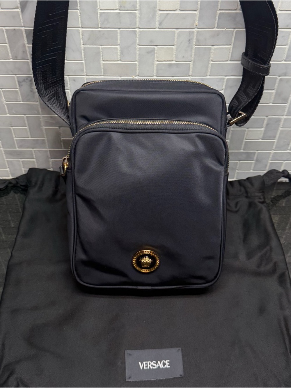 Versace Medusa Nylon Crossbody Shoulder Bag Black Gold Logo Greca Strap New